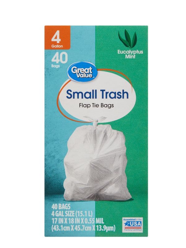 Great Value Small Flap Tie Trash Bags, Eucalyptus Mint Scent, 4 Gallon, 40  Bags 